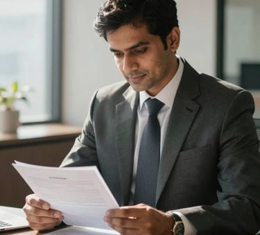A professional South Asian man in a sharp business suit sitting in a modern, sunlit office in Gurgaon, reviewing real estate documents with a calm and confident expression.