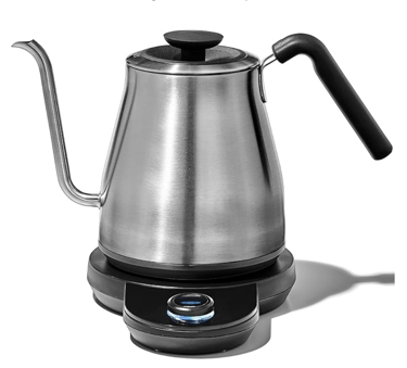 Stainless steel OXO electric gooseneck kettle with precision pour spout on a black heating base.