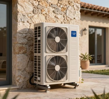 A sleek, modern outdoor heat pump unit installed against the stone wall of a luxury villa in the Southern European French Riviera, warm afternoon sun, professional high-end photography style.