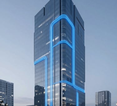 A minimalist, high-tech architectural concept of an office building with glowing blue data lines representing process flows. Minimalist lighting, palette using #2C528B and #A7B9CC, professional B2B atmosphere.