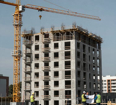 A Central European / Slovak construction site in a city with a crane and workers in safety vests reviewing blueprints, modern apartment building under construction, muted blue sky, professional photography.