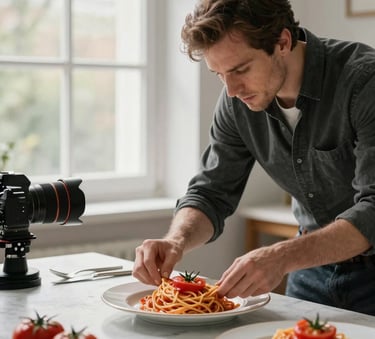 A professional photographer in a North American / European studio carefully arranging a artisanal plate of pasta with fresh tomatoes for a social media shoot, natural soft window lighting, sophisticated and clean composition.
