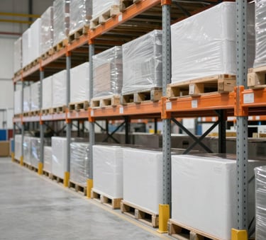 Interior of a state-of-the-art logistics warehouse in a European / Spanish setting, with organized white shelving and a medium light grey floor. Soft orange lighting highlights the modern equipment.