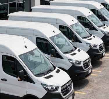 A professional fleet of white delivery vans parked in a neat row in a modern North American / US business park during daylight. Clean composition, sharp focus, reflecting efficiency and professional management.