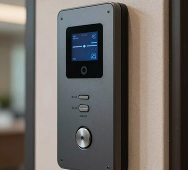 A detailed shot of a modern digital access control panel and intercom at the entrance of a contemporary South American office or residential lobby, professional and sleek aesthetic.
