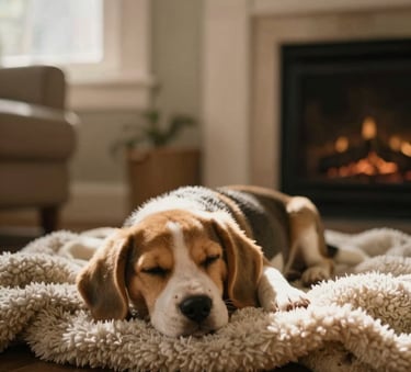 A warm, cozy living room scene with a Beagle puppy sleeping soundly on a soft wool blanket near a fireplace, soft natural window light, shallow depth of field.