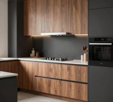 A high-end kitchen refacing showcase showing a sophisticated transformation. The cabinetry features a mix of dark matte finishes (#262626) and warm wood textures (#A38B7C). Professional lighting highlights the smooth surfaces and meticulous alignment of the new cabinet doors. Modern elegance mood.