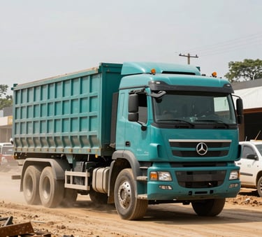 A powerful industrial cargo truck driving through a busy Brazilian construction zone. Professional photography, sharp focus on the robust vehicle, muted teal and sand tones in the background.