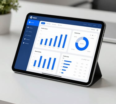 A high-resolution image of a tablet screen displaying a sleek financial dashboard with bar charts and revenue reports, using #8DB0BF and #0E2A3A accents, set on a professional office desk with a clean, trustworthy atmosphere.