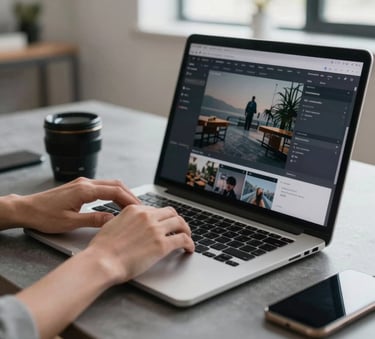 Close-up photography of a designer's hands typing on a laptop with a high-resolution screen in a bright North American / US loft, focusing on the sophisticated texture of a Slate Grey desk and tech gear.