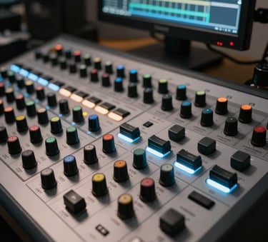 A close-up photograph of a professional color grading control surface in a dimly lit studio in Portugal. The knobs and trackballs are backlit with a soft muted blue, with a professional monitor in the background showing a cinematic landscape.