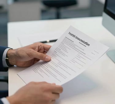 A close-up of a professional in a modern North American / US office, reviewing healthcare documents on a clean desk with soft off-white and medium blue accents, professional and focused atmosphere.