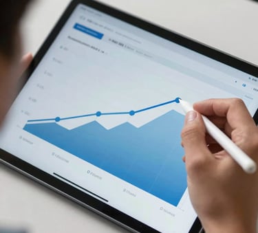A detailed photography shot of a financial expert's hand using a stylus on a tablet showing revenue performance graphs in a North American / US professional office. The digital dashboard features pale sky blue and deep sea blue accents against a pearl white desk.