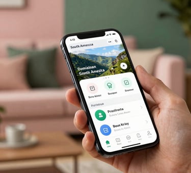 A close-up shot of a smartphone in a hand controlling a smart home application with a sleek interface. In the background, a modern South American / Brazilian living room with Soft Rose Pink and Forest Green accents is visible. The lighting is warm and inviting, highlighting a clean and technological atmosphere.