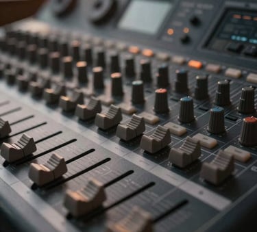 A close-up photograph of a professional audio mixing console in a modern Latin American studio. Soft sunset orange and charcoal grey light illuminates the sliders and buttons. The composition is artistic with a shallow depth of field, emphasizing high-end sound design expertise.
