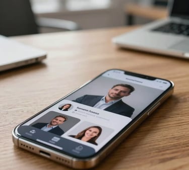 A close-up of a high-end smartphone on a wooden desk showing a professional social media profile, soft morning light in a European office, soft focus background, professional and modern atmosphere.