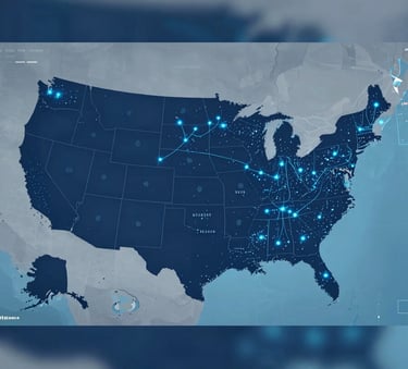 A high-tech digital map of the United States with glowing blue data points and lines representing freight routes, clean and modern aesthetic, incorporating #2A629A and #7BA0C6, professional logistics visualization.
