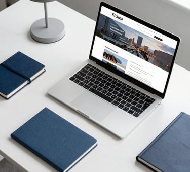 A top-down professional photography shot of a sleek, modern workstation in a bright North American office. A high-end laptop displays a sophisticated website layout. The desk is organized with a steel blue notebook and a minimalist lamp, surrounded by soft gray and navy blue accents.
