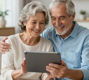 An elderly couple smiling together while looking at a tablet, dressed in Soft Off-white and Sky Blue, in a brightly lit modern living room, conveying happiness and security.