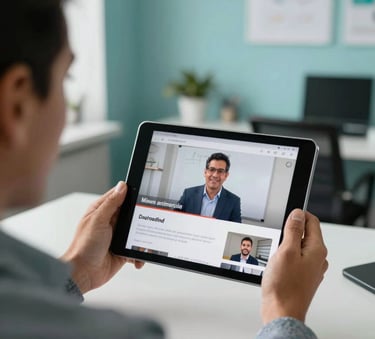 A close-up photography of a professional person in a Latin American / General Spanish-speaking office environment using a tablet to watch an online seminar. The room is filled with soft light and features accents of Teal and Light Blue in the modern decor.