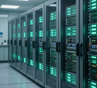 A sophisticated North American data center interior with soft glowing seafoam green and blue lighting, representing secure medical data storage and advanced healthcare infrastructure.