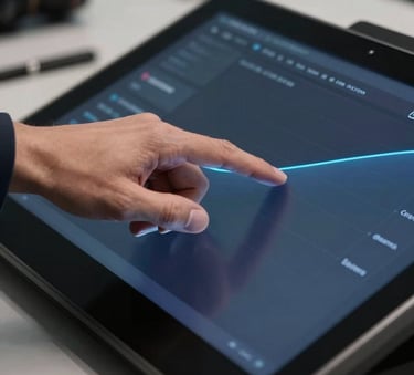 A close-up photograph of a professional's hands interacting with a high-resolution touchscreen display in a sleek North American tech office, featuring sophisticated lighting with deep navy and steel blue color tones.