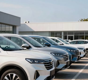 A row of high-quality, polished used SUVs in a modern dealership lot under a bright, clear sky. The colors are predominantly soft off-white and steel blue, reflecting a clean and professional environment.