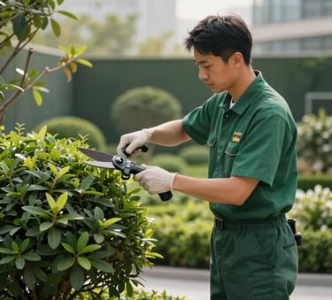 A professional landscaper in a Forest Green uniform carefully pruning shrubs in a modern Central European / French corporate garden, soft morning lighting, focus on precision and the vibrant green foliage.