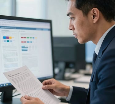 A close-up of a professional academic in a modern Southeast Asian / Indonesian office setting, reviewing scientific papers on a digital screen, soft morning light, professional and focused atmosphere, with hints of Navy Blue and Steel Blue in the environment.
