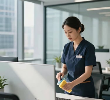 A focused professional cleaning specialist in a modern corporate uniform carefully dusting a sleek minimalist glass-partitioned office workspace in a North American business district during the day.