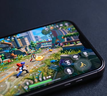 A close-up of a high-end mobile device screen showing a vibrant, sophisticated game interface in a Global / International urban setting with deep charcoal navy accents and sharp focus.