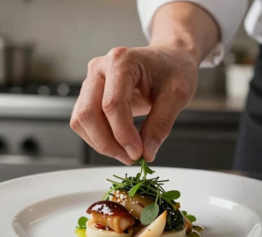 A close-up photograph of a chef's hand carefully garnishing a gourmet dish with fresh herbs in a modern kitchen with crisp parchment walls.