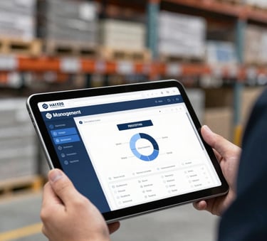 Close-up of professional warehouse management software on a digital tablet held by a staff member, with blurred high-tech warehouse racks in the background, utilizing a palette of #0A1F28 and #8DB6CC.