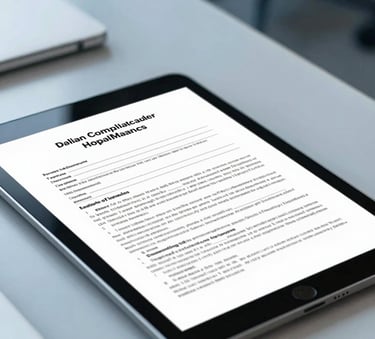 A close-up of a digital tablet showing legal compliance documents on a sleek desk in a modern Bangalore office. The scene is bright and professional with accents of steel blue and light gray-blue. South Asian / Indian context.