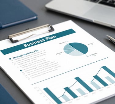 A high-quality close-up of a strategic business plan on a desk, with a laptop and a subtle touch of corporate stationery. The style is clean and professional, incorporating the brand's sophisticated teal and muted blue tones.