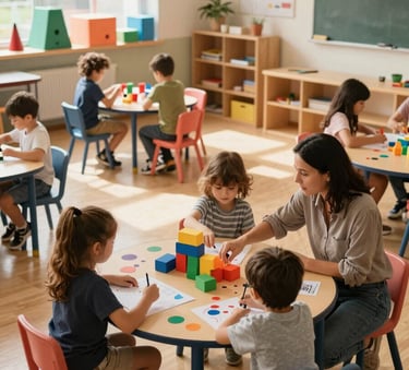 Wide environmental classroom shot from slightly above, children scattered across the room in small groups — one pair at a low art table with paint, another building with large foam blocks near a window, warm natural daylight flooding in from the left, teacher kneeling beside a child pointing at something on the table, colourful but organised space visible in full