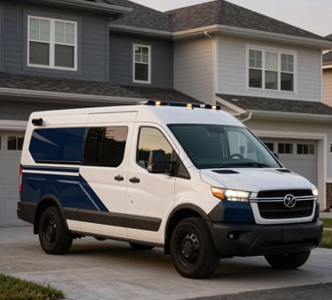 A professional service vehicle featuring deep navy and soft off-white branding parked in front of a modern North American / US suburban home at dusk.
