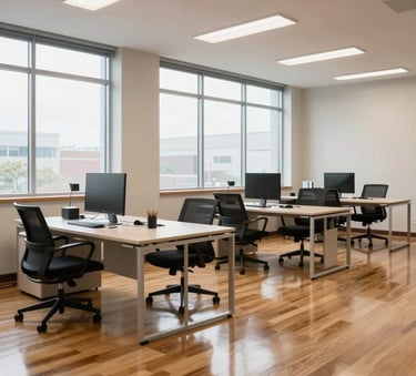 A bright and airy professional North American office space with large windows, sleek desks, and polished hardwood floors, reflecting high-quality cleaning and attention to detail.