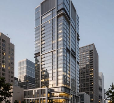 A sophisticated commercial real estate development in a thriving North American metropolitan district at dusk, featuring modern glass architecture and soft warm lighting that conveys stability and high value.
