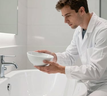Professional worker in clean white attire inspecting a newly glazed porcelain tub in a modern residential bathroom in New York, clean lines, industrial premium aesthetic, sharp focus.