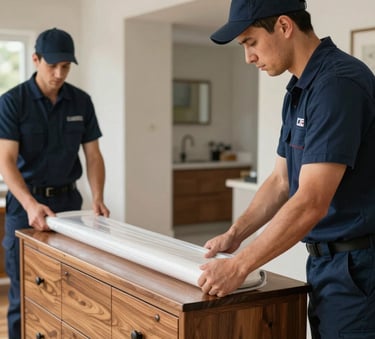 Close up photography of professional movers in navy blue uniforms carefully wrapping a wooden dresser with protective stretch film inside a modern North American residential home.