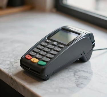 A sleek, minimalist black card terminal on a light gray marble surface, natural morning light, South American / Brazilian cafe setting, professional photography style.
