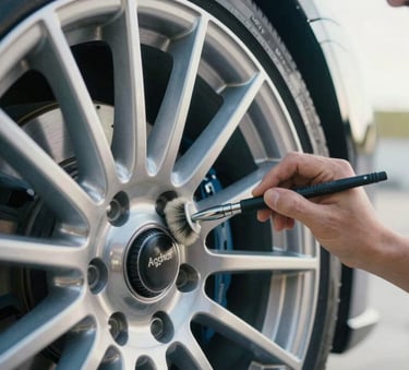 A close-up high-detail photograph of a professional detailer's hand using a soft brush to clean the intricate spokes of a luxury car's chrome wheel rim, soft morning light in a clean North American garage setting, professional aesthetic with Silver Lake Blue and Platinum tones.