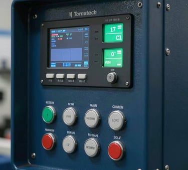 Close-up of a high-tech Tornatech fire pump controller panel in a clean industrial setting, showing digital displays and buttons, with hints of midnight blue and dark charcoal in the metal casing.