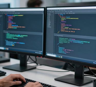 A close-up of a programmer at a clean desk with multiple monitors showing code, in a high-tech North American office environment with soft light blue lighting.