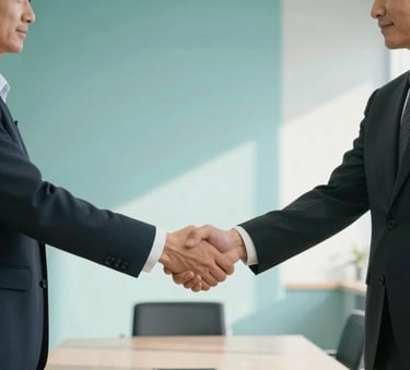 A handshake between two professionals in a minimalist North American conference room with turquoise accents and bright, airy natural lighting.
