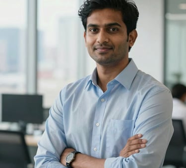 A successful South Asian / Indian professional standing confidently in a bright, modern office space with a blurred skyline view, representing achievement and migration success.