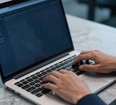 A close-up of a professional's hands typing on a sleek, high-end laptop in a modern Middle Eastern / Gulf tech office. The screen reflects soft blue light, and the desk is Mist Grey marble. Professional atmosphere with Deep Midnight Blue and Oceanic Blue tones.