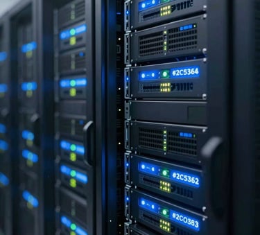 A sophisticated server room with glowing network indicators and sleek hardware, emphasizing secure and scalable infrastructure, featuring brand colors #2C5364 and #71A2B6 in the lighting.