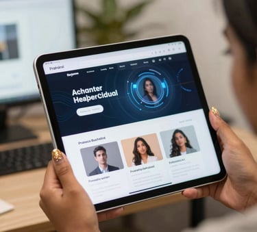 A close-up of a professional showing a tablet screen with a clean website to a client in a bright, modern North American cafe. Soft morning sunlight and a warm, inviting atmosphere.